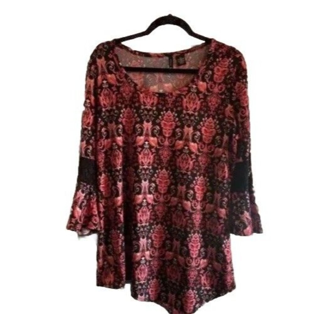 New Directions Pink Black Asymmetrical Hem Lace Inserts Bell Sleeve Large Whimsy